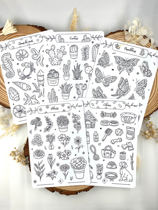 Lot de 5 planches de stickers à colorier thème "Faune et Flore"