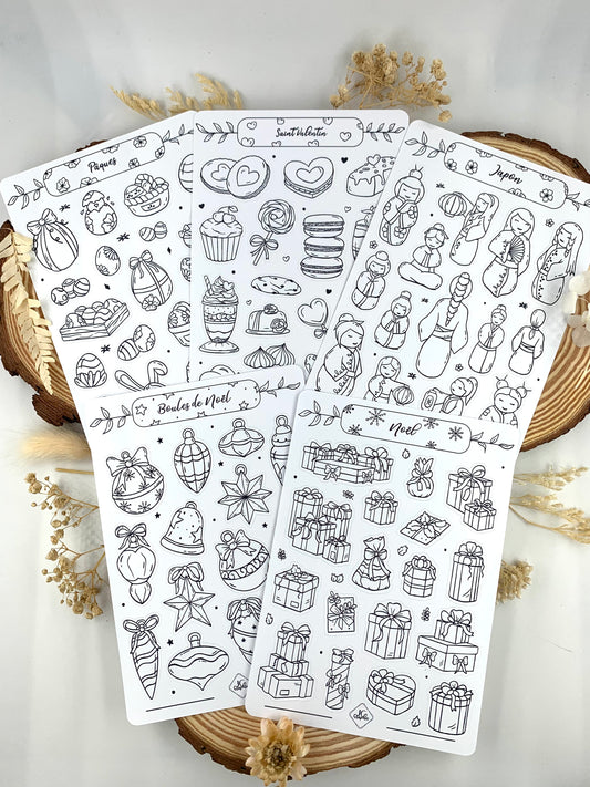 Lot de 5 planches de stickers à colorier thème "Fêtes"