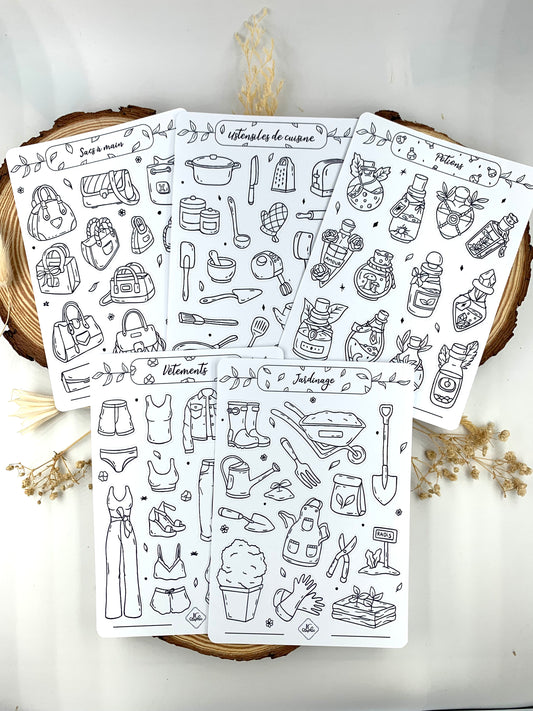 Lot de 5 planches de stickers à colorier thème "Objets"