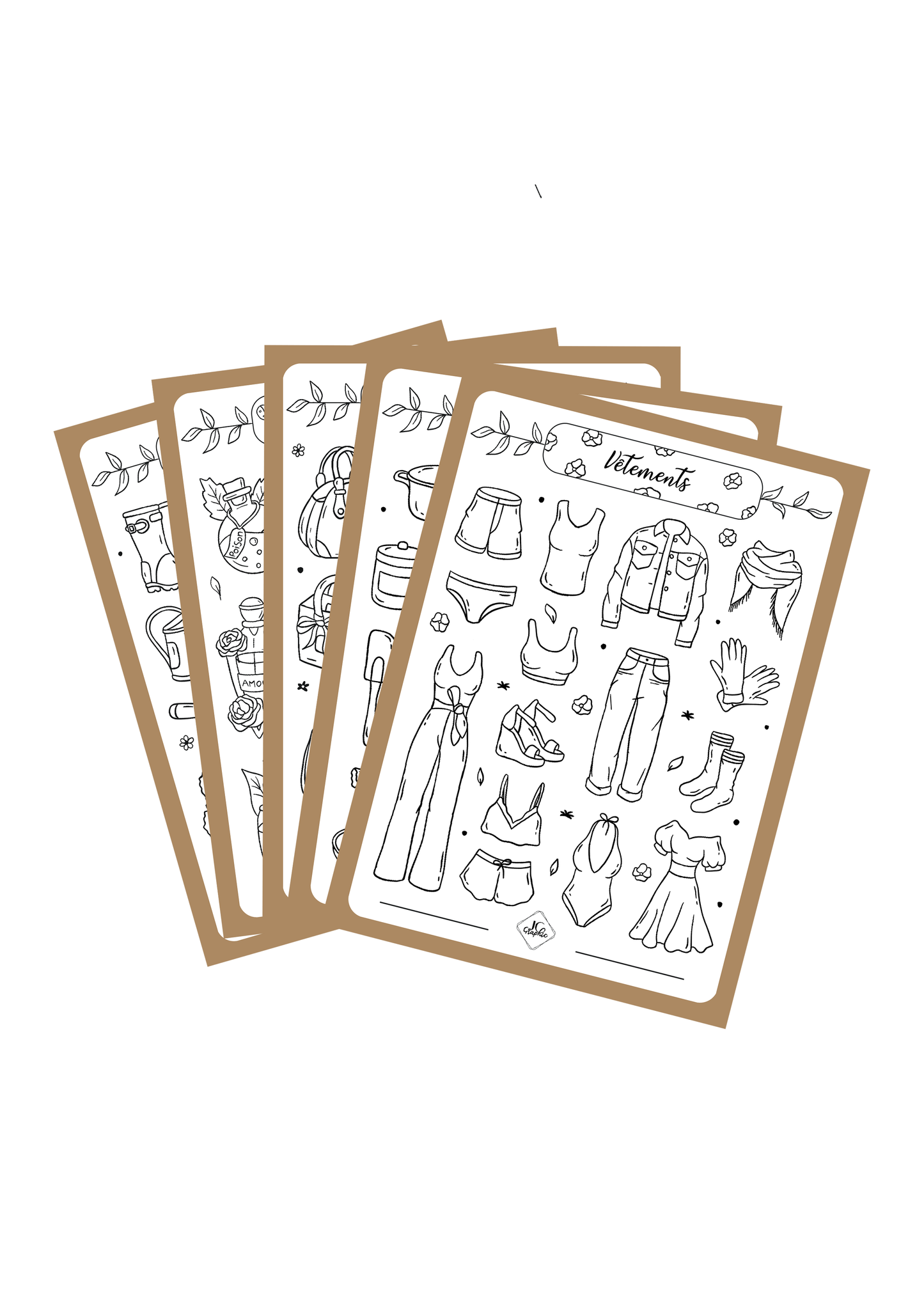 Lot de 5 planches de stickers à colorier thème "Objets"